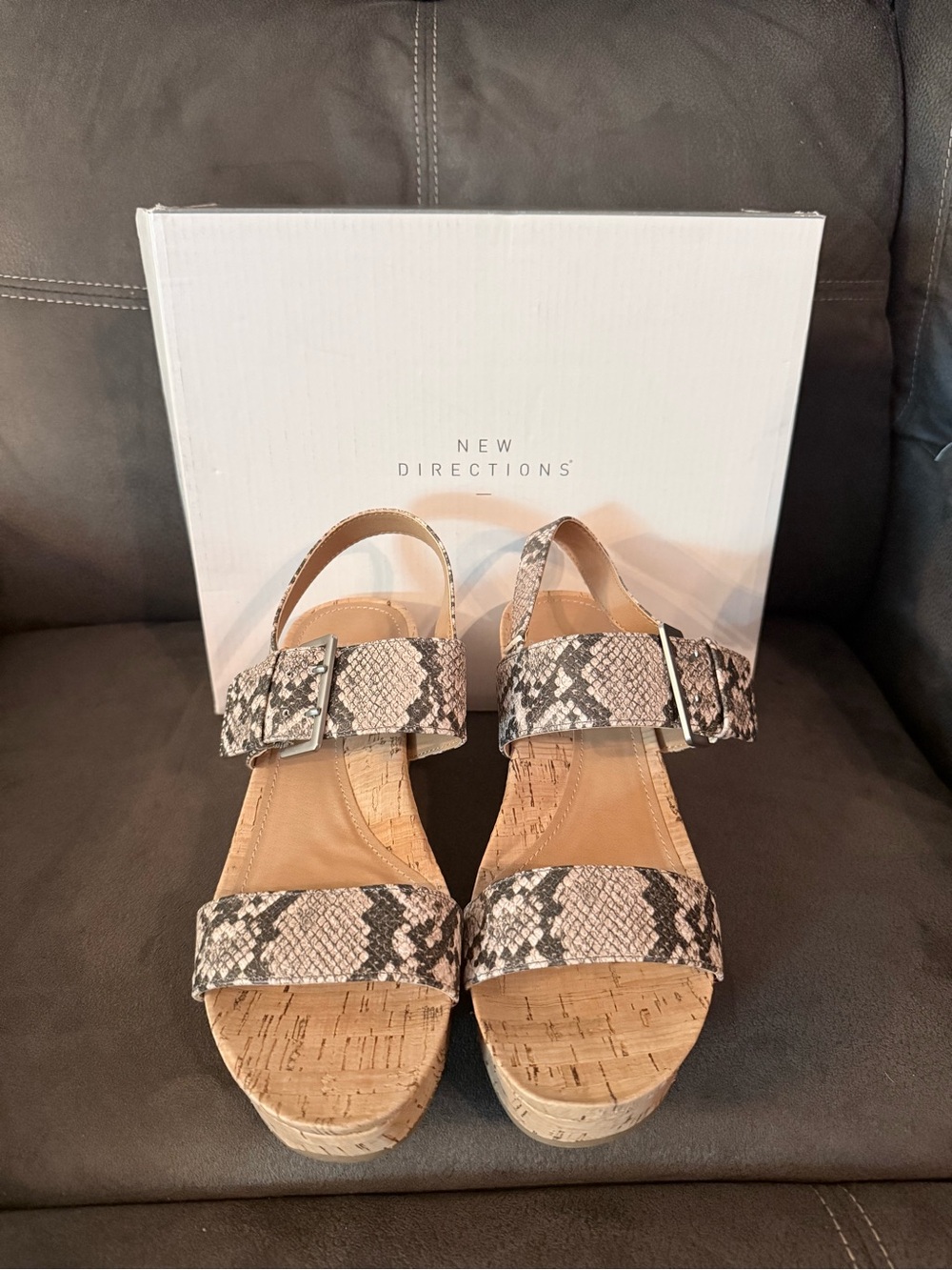 new directions Snake Print Cork Wedge Sandals in Neutral Tones